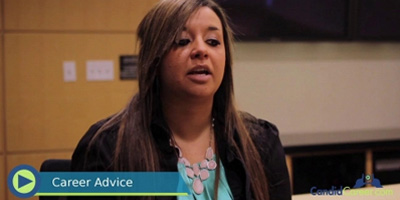 A female business professional being interviewed.