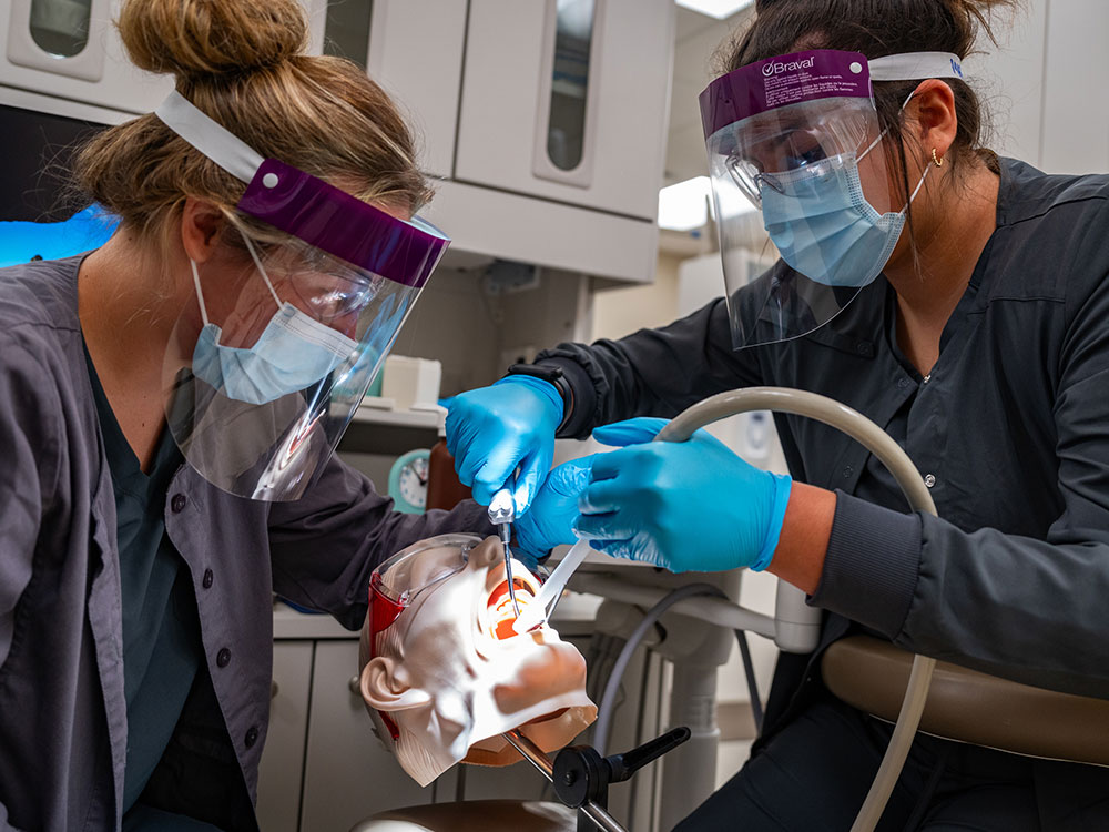 Two female students working on a mannequin in the dental lab