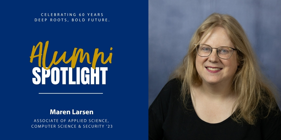 Alumni spotlight graphic featuring headshot of Maren Larsen